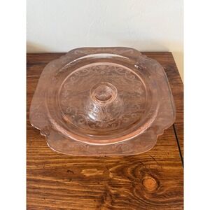Vintage Pink Depression Glass Cake Stand Hocking Princess Pattern Scalloped 10in